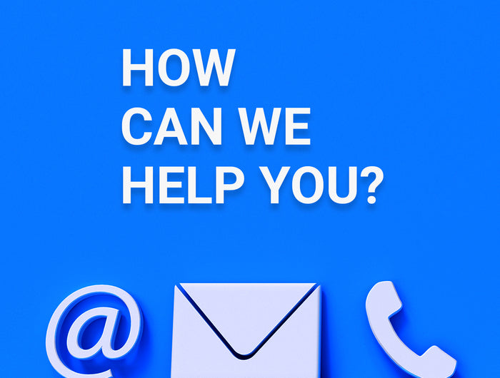 A blue contact us banner with the text 'HOW CAN WE HELP YOU?' featuring 3D icons for email, mail, and phone support.