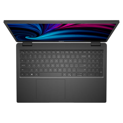 Top view of refurbished DELL Latitude 3520 laptop, 15.6" HD display, i5-1135G7, 16GB RAM, 512GB SSD, screen open to swirl. - View 5