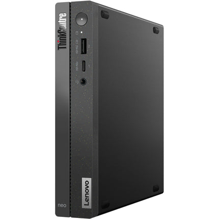 Front view of a refurbished Lenovo NEO 50Q GEN 4 Tiny Desktop standing vertically, showcasing easy-access front ports including USB, a headphone jack, and a power button. The compact black case with a speckled finish displays Lenovo branding on the front panel. Features include an Intel Core i5-13420H processor, 16GB DDR4 memory, 256GB NVMe SSD, plus internal WiFi and Bluetooth for enhanced connectivity in a space-saving design. - View 4