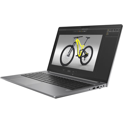 A refurbished HP ZBOOK Power G10 laptop by HP, shown in an angled view with a silver body and black keyboard, features a 15.6” display, Intel Core i7-13800H processor, 32GB DDR4 RAM, 1TB NVMe SSD, and NVIDIA RTX A1000 6GB graphics. The screen displays a left-side view of a yellow-framed bicycle 3D model alongside several ports—highlighting the laptop’s seamless 3D rendering capabilities. - View 5