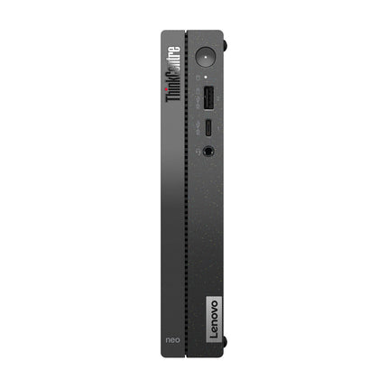 Top view of the Lenovo NEO 50Q GEN 4 Tiny Desktop showcases its compact black design with visible USB and headphone ports, power button, and distinctive Lenovo branding. This refurbished desktop features an Intel Core i5-13420H 2.1GHz processor, 16GB DDR4 RAM, 256GB NVMe SSD, built-in WiFi, and Bluetooth. - View 1