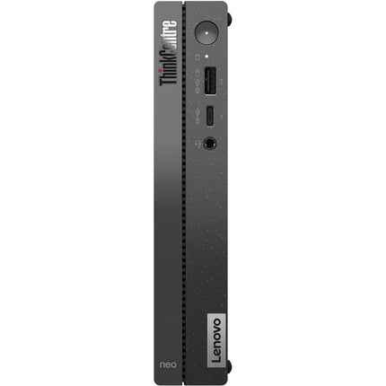 Front view of a refurbished Lenovo NEO 50Q GEN 4 Tiny Desktop, highlighting its accessible USB ports, headphone jack, power button, and Lenovo branding on a black speckled chassis. This compact desktop features an Intel Core i5-13420H 2.1GHz processor, 16GB DDR4 RAM, 256GB NVMe SSD, plus built-in WIFI and Bluetooth connectivity. - View 1
