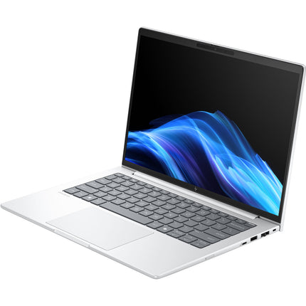 Angled view of a refurbished HP EliteBook 8 G1a 14 AI in silver with black keyboard, blue waves on screen, on white background. - View 4
