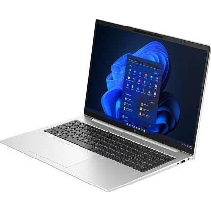 Front view of a silver HP EliteBook 865 G10 laptop, open on a white background, showing Windows 11 with centered taskbar icons. - View 4