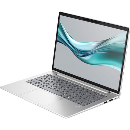 Angled view of an open HP ProBook 645 G11 laptop with silver finish, black keyboard, thin-bezel display, and visible side ports. - View 4