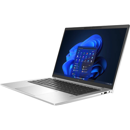 Front view of a refurbished HP EliteBook 845 G9 laptop on a white surface, open to Windows 11, 14” FHD, Ryzen 5 Pro, 32GB RAM. - View 4
