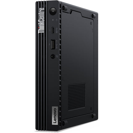 Front view of a refurbished black Lenovo ThinkCentre M90q Tiny mini desktop computer standing vertically, showing the power button, USB ports, and ThinkCentre and Lenovo branding labels on the front panel. Features include an Intel Core i5-10500T 2.3GHz processor, 16GB DDR4 RAM, 256GB NVMe SSD, built-in WiFi, and Bluetooth. - View 5
