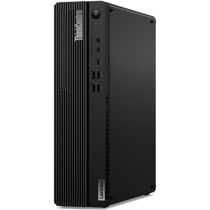 Front view of a refurbished black Lenovo ThinkCentre M70S GEN 3 SFF desktop standing upright, highlighting its front panel with USB ports, audio jack, power button, and ThinkCentre branding. Equipped with an Intel Core i5-12500 3.0GHz processor, 16GB DDR4 RAM, and 256GB NVMe SSD for efficient performance. - View 1