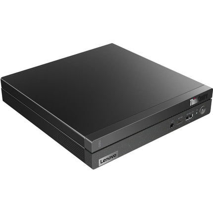 Angled view of the Lenovo NEO 50Q GEN 4 Tiny desktop in black, highlighting front-facing USB and audio ports, side ventilation grilles, and a compact design. This refurbished model features an Intel Core i5-13420H processor, 16GB DDR4 RAM, 256GB NVMe SSD, and built-in WiFi and Bluetooth for easy connectivity—ideal for efficient workspace solutions. - View 5