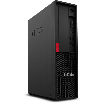Front view of a refurbished Lenovo ThinkStation P330 SFF desktop, featuring a sleek black tower design with visible front ports, power button, Lenovo branding, and a mesh vent at the bottom labeled ThinkStation. Powered by an Intel Core i7-8700 3.2GHz processor, 16GB RAM, and a 512GB NVMe SSD for professional style and reliable performance. - View 5