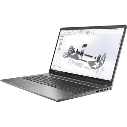 Side view of a refurbished HP ZBOOK Power G8 laptop (15.6”, Intel Core i7-11850H, 32GB DDR4, 1TB NVMe SSD, NVIDIA Quadro T1200 4GB) by HP, with ports visible on the right edge and a technical CAD drawing of mechanical parts displayed on the screen. - View 4