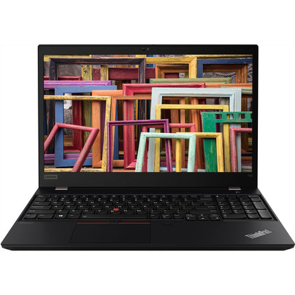 Front view of a refurbished black Lenovo T15 G1 laptop, 15.6” FHD screen displaying colorful frames, on white background. - View 1