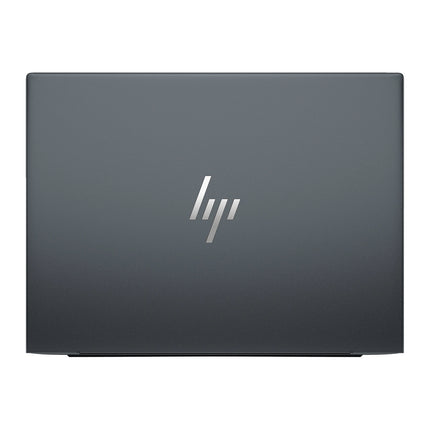 Top view of a closed, dark gray HP DRAGONFLY G4 refurbished laptop with the silver HP logo centered on the lid, set against a plain white background. This professional device has a 13.5” touch display, Intel Core i7-1365U processor, 32GB DDR4 RAM, and 1TB NVMe SSD. - View 2