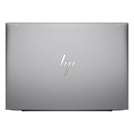 Top view of a closed, silver HP ZBOOK FIREFLY 14 G11 A laptop with the HP logo centered on the lid; this refurbished model features a 14” FHD display and an AMD Ryzen 5 8640HS processor for reliable performance. - View 2