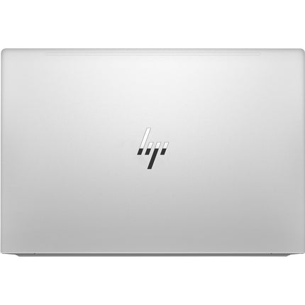 Top view of a refurbished HP ProBook 630 G9 laptop, closed with the HP logo centered on its silver lid, showcasing a sleek design; equipped with a 13.3” display, Intel Core i7-1265U processor, 32GB DDR4 RAM, and 512GB NVMe SSD. - View 2