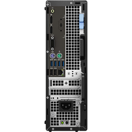 Rear view of the refurbished DELL Precision 3440 SFF, highlighting its vertically aligned ports—USB, Ethernet, HDMI, VGA, power supply connector, and audio jacks—on a metallic panel; features include Intel Core i5-10500 processor, 16GB DDR4 RAM, and 512GB NVMe SSD. - View 2