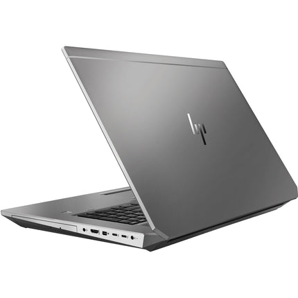 Refurbished silver HP ZBook 17 G6 laptop, shown in an angled back-left view, features a 15.6-inch display partially open, visible HP logo on the lid, multiple side ports, and specs including Intel Core i7-9750H processor, 32GB DDR4 RAM, 512GB NVMe SSD, and Nvidia Quadro T1000 4GB graphics card for high performance. - View 2