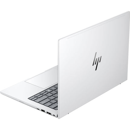 Angled rear view of a refurbished HP EliteBook 8 G1a 14 AI, showing HP logo, ports, keyboard, and key specs like 32GB RAM and Ryzen 7 Pro. - View 2