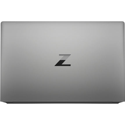 Top view of a closed silver HP ZBOOK Power G8 15.6” laptop, refurbished by HP, with a prominent black Z logo centered on the lid. This professional-grade device features an Intel Core i7-11850H processor, 32GB DDR4 RAM, 1TB NVMe SSD, and NVIDIA Quadro T1200 4GB graphics for powerful performance and sleek style. - View 2