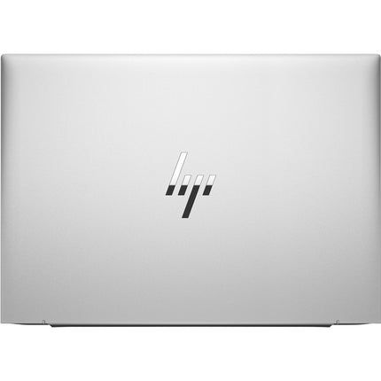 Top view of a closed, silver HP EliteBook 845 G9 laptop with centered logo on white background, showing AMD Ryzen 5 Pro specs. - View 2