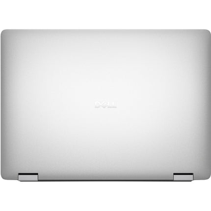 Top view of a closed silver refurbished DELL Pro 14 Plus PB14250 laptop, featuring the DELL logo centered on the lid and two hinge accents along the bottom edge. This 14″ FHD laptop is powered by an Intel Core Ultra 7 268V processor and boasts 32GB DDR4 RAM for high performance. - View 2