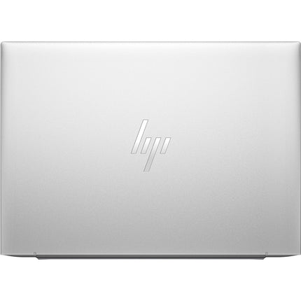 Angled view of a closed silver HP EliteBook 845 G10, HP logo visible on lid; refurbished 14” laptop with Ryzen 7 Pro, 32GB RAM, 1TB SSD. - View 2