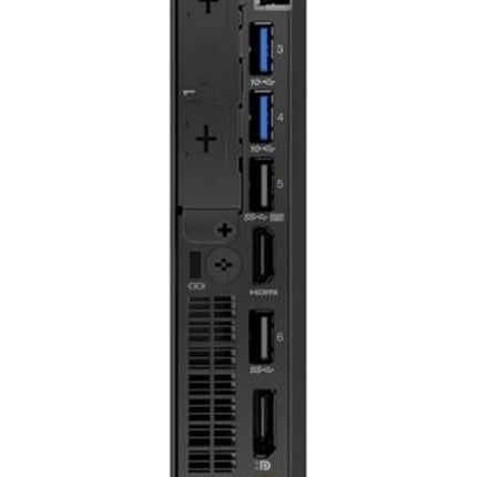 Rear view of refurbished Lenovo ThinkCentre M75q-1 Tiny shows ports (Ethernet, USB, HDMI, DisplayPort) on sleek black chassis. - View 2