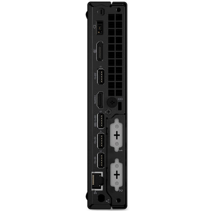 Rear view of a refurbished black Lenovo ThinkCentre M90q Tiny desktop PC with Intel Core i5-10500T, showing HDMI, USB, Ethernet, optical audio, and two proprietary accessory ports. - View 2
