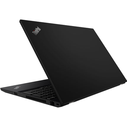 Angled view of a refurbished Lenovo T15 G1 laptop, partly open, showing keyboard, ThinkPad logo, and key specs on display. - View 2