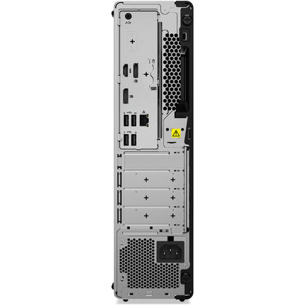Back view of a refurbished Lenovo ThinkCentre M70S GEN 3 SFF desktop showing all rear ports, including HDMI, DisplayPort, USB, Ethernet, audio jacks, ventilation grilles with a caution symbol, PCIe slots, and the power socket. Powered by an Intel Core i5-12500 3.0GHz processor with 16GB DDR4 RAM and a 256GB NVMe SSD. - View 2