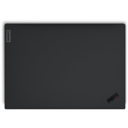 Top view of a closed black refurbished Lenovo ThinkPad P1 G5 16" laptop with visible Lenovo and ThinkPad logos on textured surface. - View 2
