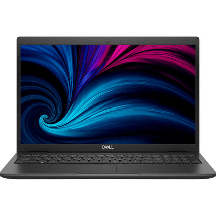 Front view of refurbished Dell Latitude 3520 laptop, black keyboard, 15.6" HD display with abstract colors, i5, 16GB RAM, 512GB SSD. - View 1