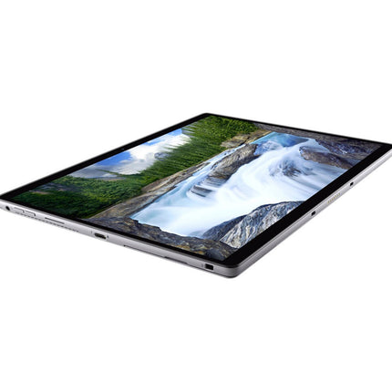 Angled view of a slim, refurbished DELL Latitude 7320 Detachable with vibrant waterfall display on a white background. - View 4