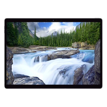 Front view of a refurbished DELL Latitude 7320 Detachable tablet showing a vivid river landscape on its screen, white background. - View 1