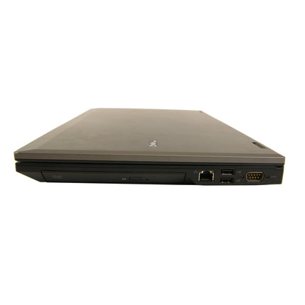 Angled view of a closed refurbished Dell Latitude E5520 15.6″ HD laptop, Intel Core i5-2520M 2.5GHz, 8GB DDR4, 256GB SSD, showing the optical drive, ethernet port, USB ports, and a serial port. - View 4