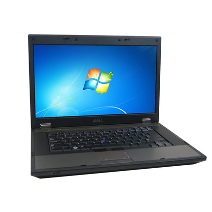 Angled view of an open black refurbished Dell Latitude E5520, 15.6″ HD, Intel Core i5-2520M 2.5GHz, 8GB DDR4, 256GB SSD laptop displaying a blue Windows desktop screen. - View 1