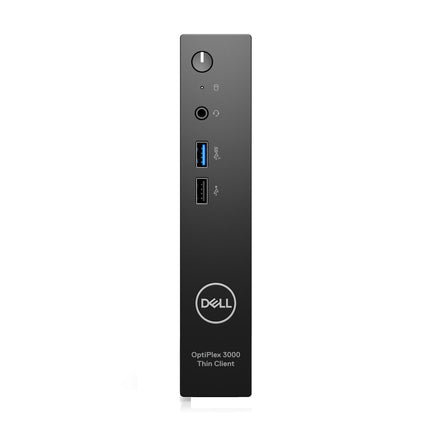 Front view of refurbished DELL OptiPlex 3000 Thin Client-MICRO desktop with Intel Celeron, 8GB RAM, 64GB SSD, and front ports. - View 1
