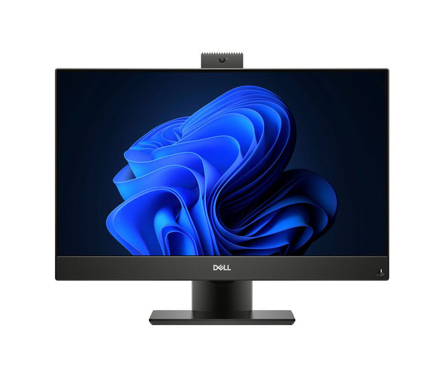 Front view of a DELL OptiPlex 5480 AIO 23.8″ FHD monitor displaying a blue abstract design, with a top-mounted webcam, set against a plain white background.