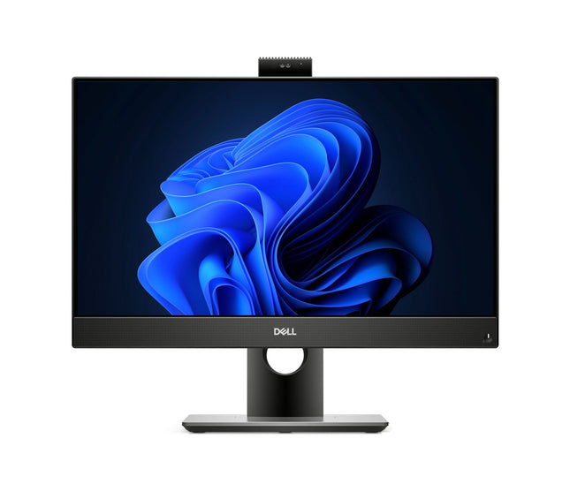 Front view of a Dell OptiPlex 5490 AIO, 23.8″ FHD, displaying a blue abstract shape on the screen, with a webcam on top, set against a dark background.