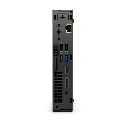 Back view of a refurbished DELL OptiPlex 7010 Micro desktop showing multiple ports, including USB, HDMI, Ethernet, and DisplayPort, plus vent openings for airflow. This compact PC features an Intel Core i5-13500T 1.6GHz processor, 32GB DDR4 RAM, a 1TB NVMe SSD, and built-in WiFi and Bluetooth for modern performance in a streamlined design. - View 2