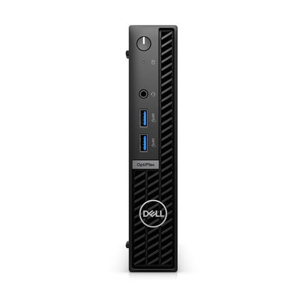 Front view of a refurbished DELL OptiPlex 7010 Micro desktop computer in a compact vertical design, displaying the power button, two USB ports, audio jack, and Dell logo, equipped with Intel Core i5-13500T processor, 32GB DDR4 RAM, and 1TB NVMe SSD. - View 1