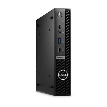 Front view of a refurbished Dell OptiPlex Plus 7010 Micro desktop in black, standing vertically and showing the front panel with power button, USB ports, audio jack, and Dell logo. Features include an Intel Core i5-13500T 1.6GHz processor, 16GB DDR5 RAM, 512GB NVMe SSD storage, built-in WiFi and Bluetooth in a sleek small form factor design for high performance and reliability. - View 4