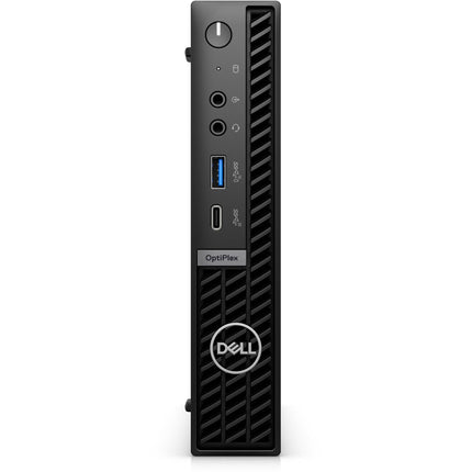 Front view of refurbished Dell OptiPlex Plus 7010 Micro desktop with Intel Core i5, 16GB DDR5 RAM, 256GB SSD, and Dell logo. - View 1