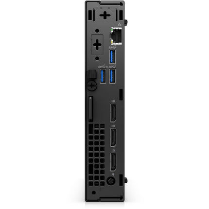 Rear view of a refurbished Dell OptiPlex Plus 7010 Micro showing ports: Ethernet, USB, DisplayPorts, HDMI, and ventilation grilles. - View 2