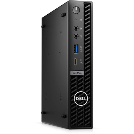 Front view of refurbished Dell OptiPlex Plus 7010 Micro, minimalist black, showing ports, logo; i5-13500T, 16GB RAM, 256GB SSD. - View 3