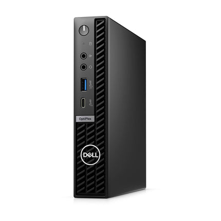Front view of a refurbished Dell Plus 7010 Micro Desktop standing vertically, highlighting its compact small form factor. The front panel displays USB ports, a headset jack, a power button, and the DELL logo. Features include an Intel Core i5-13500T 1.6GHz processor, 32GB DDR5 RAM, and a 1TB NVMe SSD for reliable performance and modern practicality. - View 3