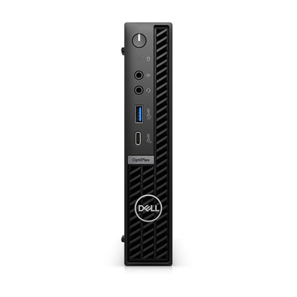 Front view of a refurbished Dell Plus 7010 Micro desktop with Intel Core i5-13500T processor, 32GB DDR5 RAM, and 512GB NVMe SSD. Visible features include the power button, USB ports, headphone jack, and DELL logo at the bottom. Pre-installed with Windows 11 Pro for enhanced productivity. - View 1
