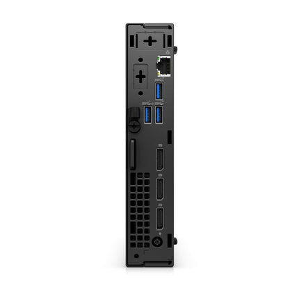 Rear view of a refurbished Dell Plus 7010 Micro desktop, showcasing its Intel Core i7-13700 2.1GHz processor, 32GB DDR5 memory, and visible ports including power, Ethernet, two USB 3.0 ports, HDMI, DisplayPort, and a Kensington lock slot against a white background. - View 2