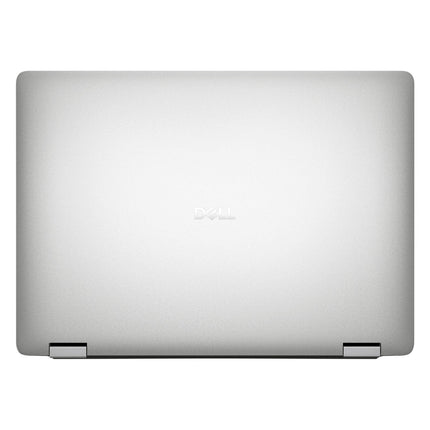 Top view of a closed, refurbished Dell Pro 14 Plus PB14250 laptop on a white background, displaying the centered DELL logo on the silver lid and two hinges along the lower edge. - View 2