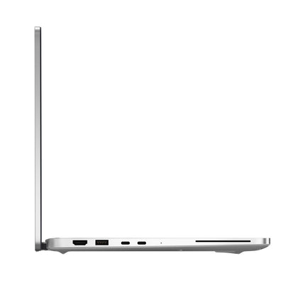 Side view of a refurbished DELL Pro 14 Plus PB14250 laptop featuring a 14″ FHD display, Intel Core Ultra 7 268V processor at 2.2GHz, and 32GB DDR4 RAM, showcasing its slim profile, visible ports, and partially open screen against a plain white background. - View 3
